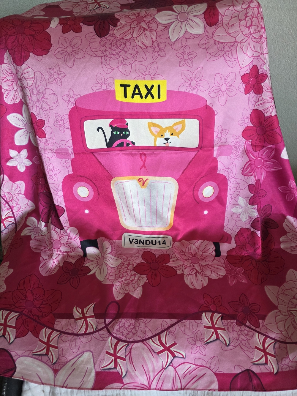 Vendula Pink Ribbon  Cats And Corgis Satin Square Scarf